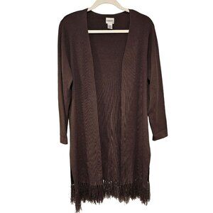 Chico's Woman Size M (Chico 1) Long Brown Cardigan Fringed Hem Side Slits NWOT